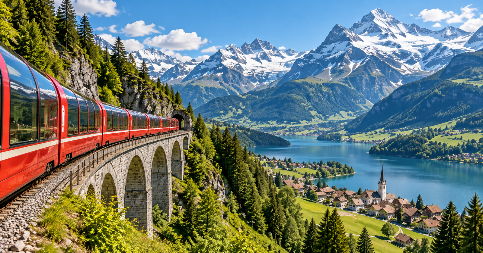 Ilustração de um trem vermelho atravessando um viaduto nos Alpes suíços
